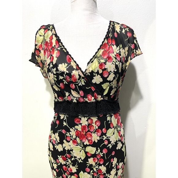 VTG maxi dress Y2K lace sherries empire waist asymmetric hem babydoll women S - Picture 3 of 10